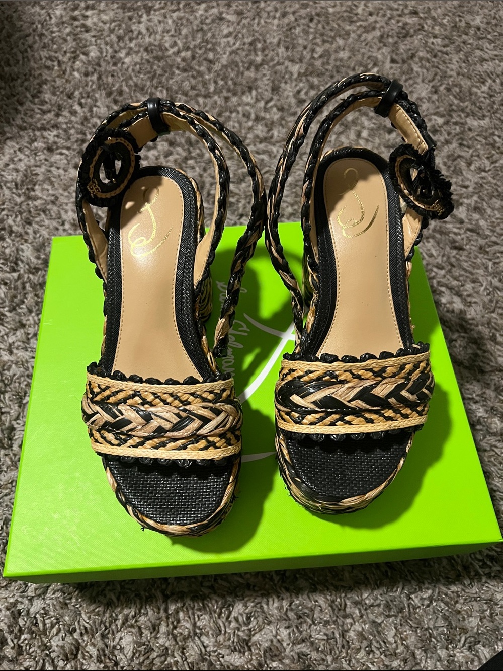 Sam Edelman Black and Natural Braided Wedge Sandals